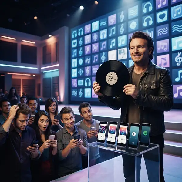Presentación inspirada en el lanzamiento de Songs of Innocence, el álbum de U2 que apareció automáticamente en millones de dispositivos en 2014.