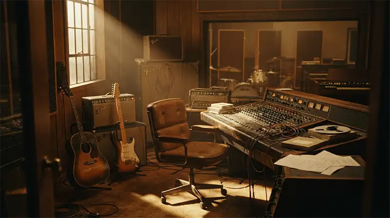 Estudio de grabación con una silla vacía inspirado en la creación de Wish You Were Here.