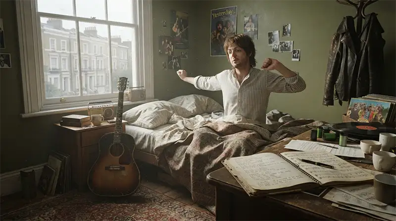 Compositor inspirado en Paul McCartney despertando con una guitarra y una libreta mientras nace una melodía.