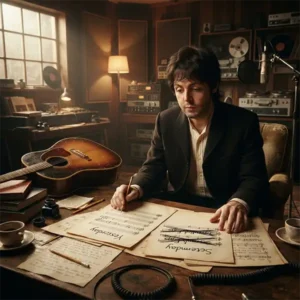 Compositor comparando un título provisional con el título definitivo de una canción durante el proceso creativo.