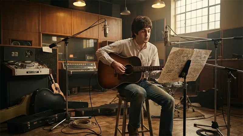 Músico inspirado en Paul McCartney trabajando en una letra provisional dentro de un estudio de grabación de los años sesenta.