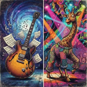 Ilustración dividida que contrapone la técnica musical virtuosa con el dadaísmo cómico del rock experimental.
