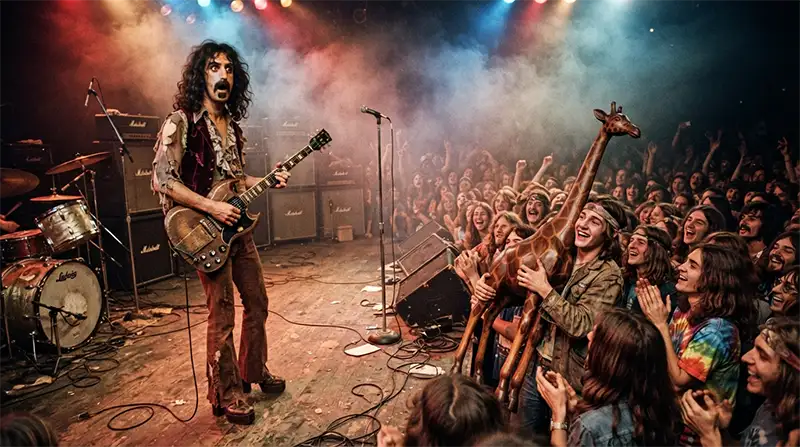 Frank Zappa en el escenario mirando sorprendido a un fan con una estatua de jirafa gigante.