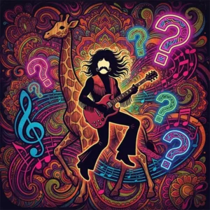 Ilustración estilo Pop-Art psicodélico para trivia de rock experimental inspirada en Frank Zappa.