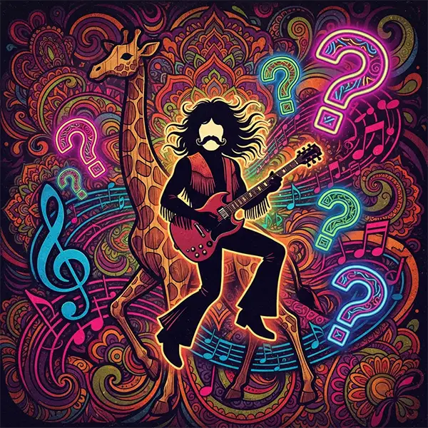 Ilustración estilo Pop-Art psicodélico para trivia de rock experimental inspirada en Frank Zappa.