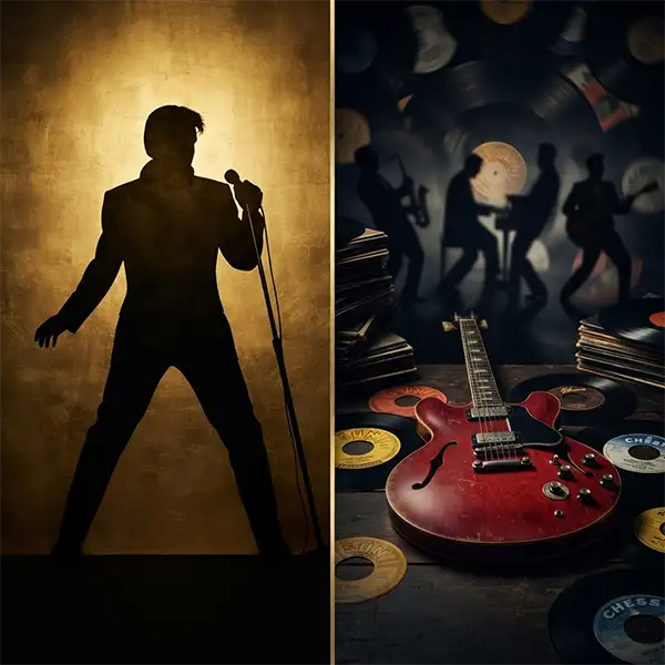 Composición que representa el debate sobre quién merece el reconocimiento por el nacimiento del rock and roll.