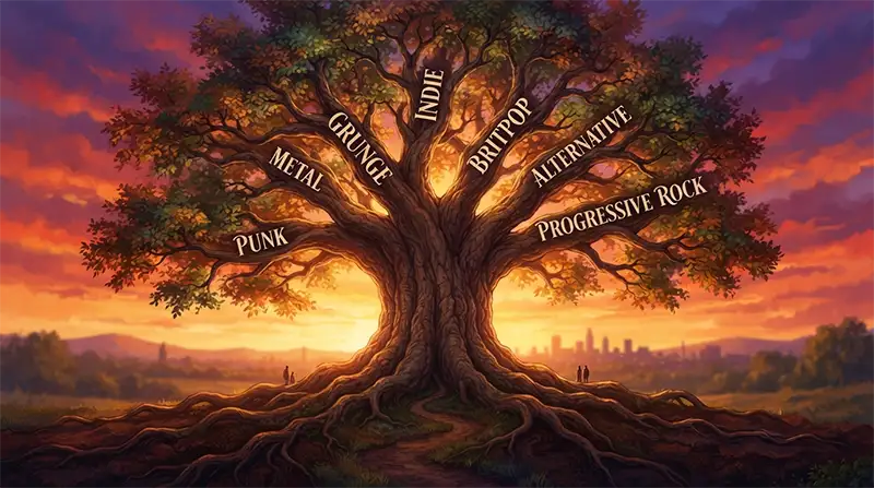 Representación artística del crecimiento del rock hacia múltiples géneros modernos.
