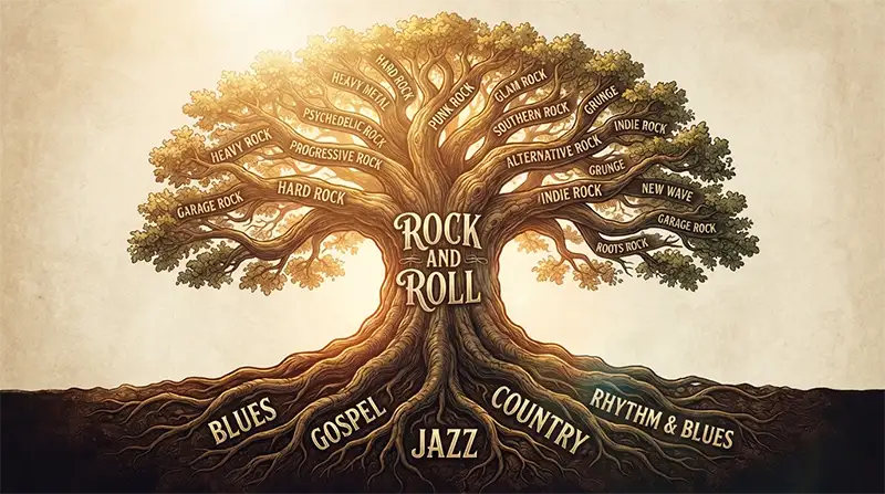 Árbol ilustrado que representa la evolución del rock desde sus raíces musicales hasta sus múltiples subgéneros.