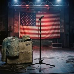 born usa trivia Micrófono de escenario y símbolos inspirados en Born in the U.S.A., ilustración para una trivia sobre el verdadero significado de la canción de Bruce Springsteen.