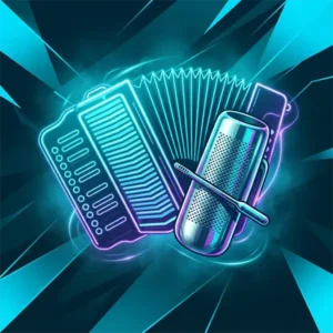 Ilustración gráfica de un acordeón y un güiro estilizados bajo luces de neón en tonos azul oscuro y cian eléctrico.