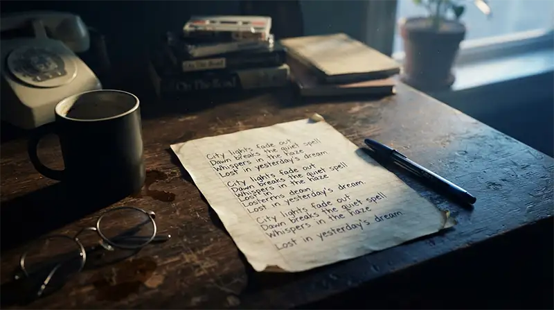 Hoja con una letra escrita a mano que representa el proceso creativo de una canción nacida durante una separación sentimental.