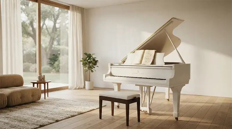 Piano blanco inspirado en el proceso creativo de Imagine.