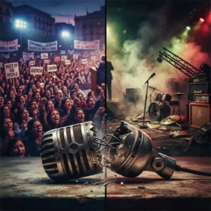 keith moon debate Un micrófono roto dividiendo una manifestación política y un escenario de rock desierto.