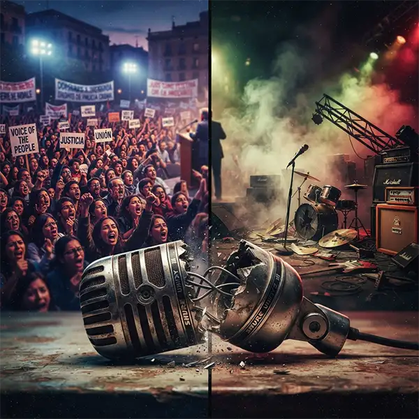 Un micrófono roto dividiendo una manifestación política y un escenario de rock desierto.