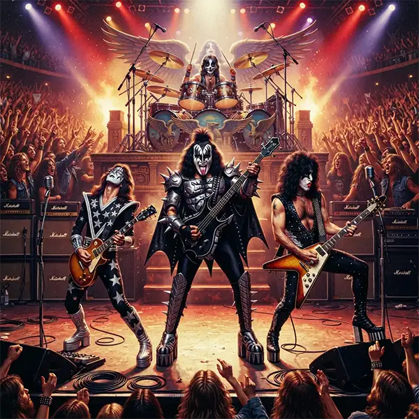 KISS y Destroyer: Representación de los cuatro integrantes de la formación clásica de la banda durante la época del legendario álbum de 1976.