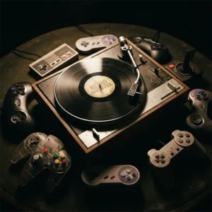 love roller trivia Imagen que fusiona un vinilo girando con controles de videojuegos, representando la unión entre la historia musical y el gaming.
