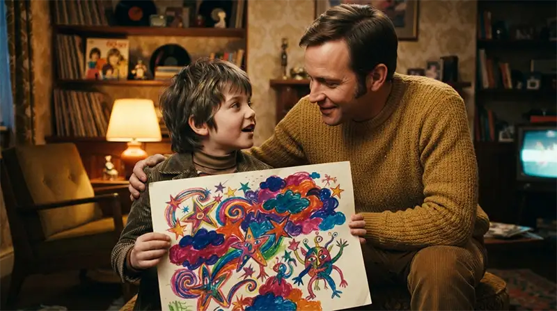 Representación artística inspirada en Julian Lennon mostrando un dibujo que dio origen al título Lucy in the Sky with Diamonds.
