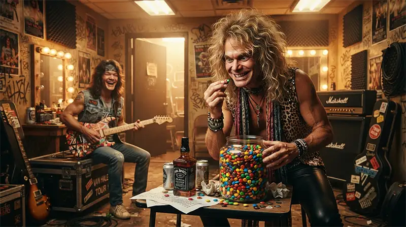 Músicos inspirados en Van Halen revisando un recipiente de caramelos durante una gira.