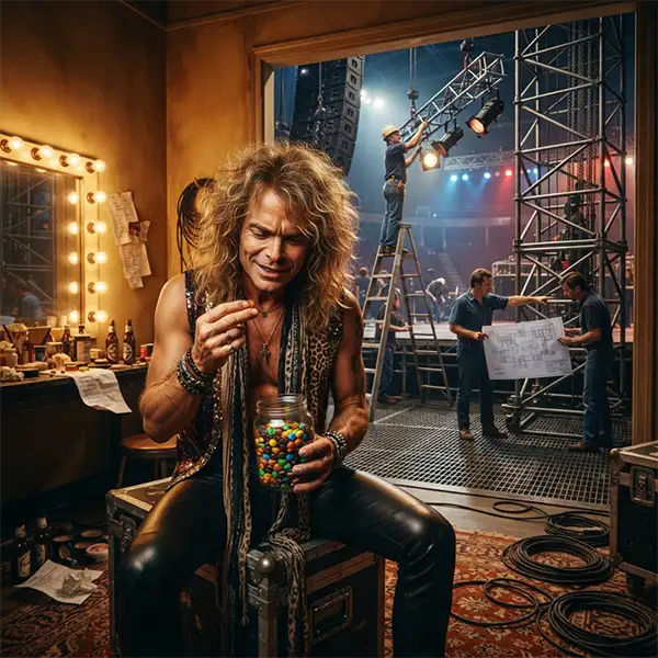 Cantante inspirado en David Lee Roth revisando un recipiente de M&M's mientras un equipo técnico prepara un gran escenario.