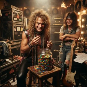 Músicos inspirados en Van Halen revisando un recipiente de M&M's durante una gira para comprobar una cláusula del contrato.