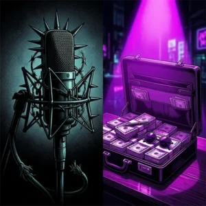 ozzy debate Composición Neo-Noir que contrasta un micrófono con espinas metálicas y un maletín con dinero bajo luces de neón.