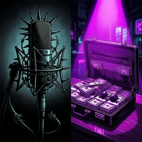 Composición Neo-Noir que contrasta un micrófono con espinas metálicas y un maletín con dinero bajo luces de neón.
