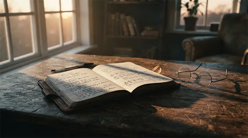 Cuaderno abierto con una letra escrita a mano que evoca el proceso creativo de una canción introspectiva.