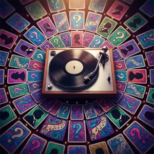 sargento trivia Un disco de vinilo sobre un tocadiscos rodeado de símbolos musicales y elementos inspirados en el arte psicodélico que evocan un desafío de conocimientos sobre un álbum clásico.