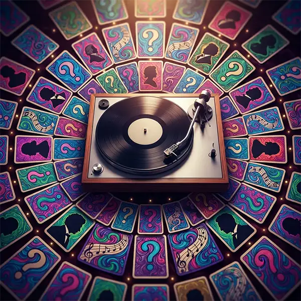 Un disco de vinilo sobre un tocadiscos rodeado de símbolos musicales y elementos inspirados en el arte psicodélico que evocan un desafío de conocimientos sobre un álbum clásico.
