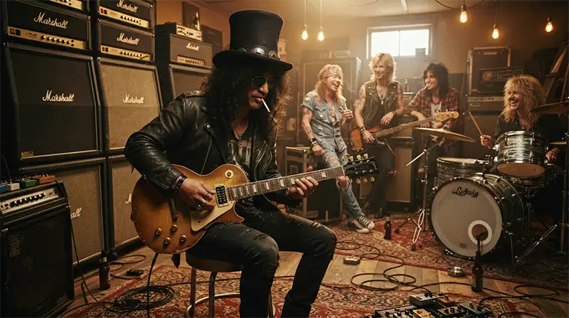Guitarrista inspirado en Slash improvisando un riff durante un ensayo de banda.