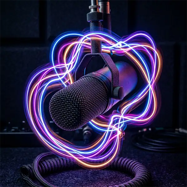 Micrófono de estudio estilizado con luces de neón, representando la energía tecnológica de la trivia.