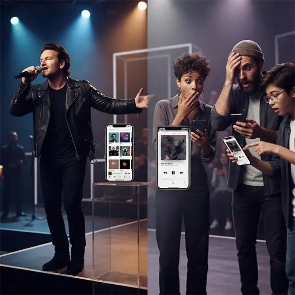 Personas sorprendidas al encontrar un álbum de U2 en sus teléfonos, inspiradas en la campaña de 2014.