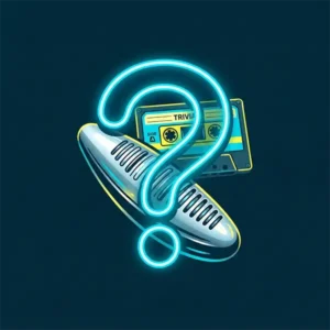 Ilustración limpia y minimalista en vectores de un signo de interrogación de neón fusionado con un güiro y un casete sobre fondo azul oscuro.