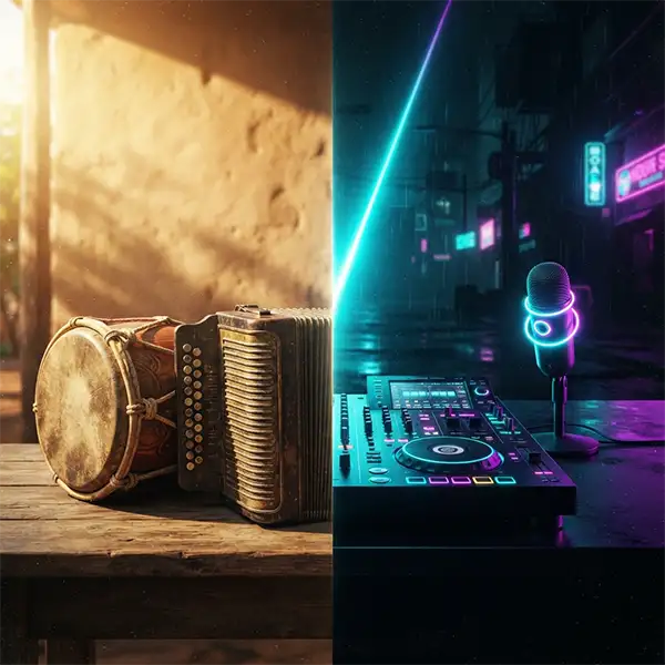 Composición conceptual que divide un tambor y acordeón tradicionales bajo luz cálida frente a una mezcladora de DJ y micrófonos iluminados por luces de neón modernas.