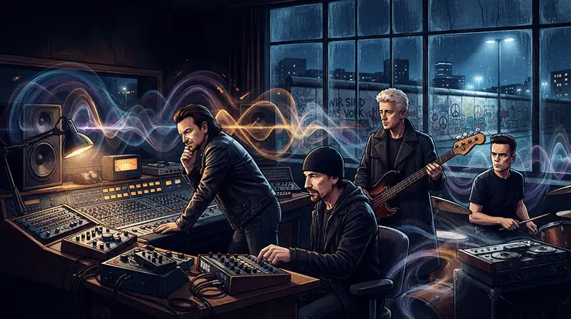 U2 encuentra una nueva dirección musical durante las sesiones de Achtung Baby en Hansa Studios de Berlín.