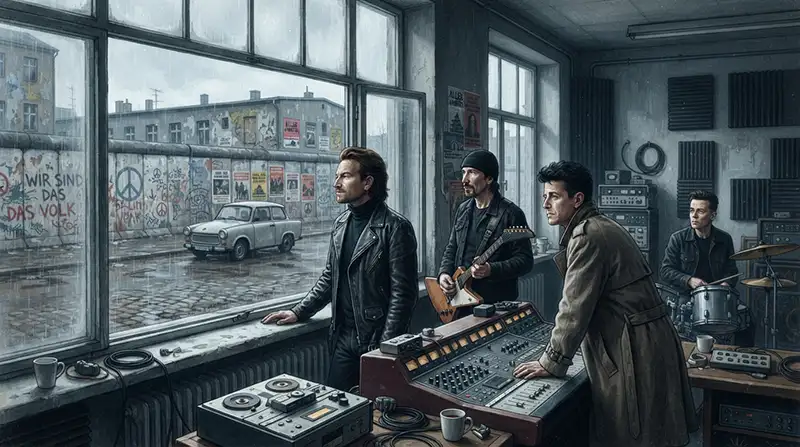 U2 trabajando en Berlín durante las sesiones de Achtung Baby, mientras la ciudad atraviesa la transformación posterior a la caída del Muro.