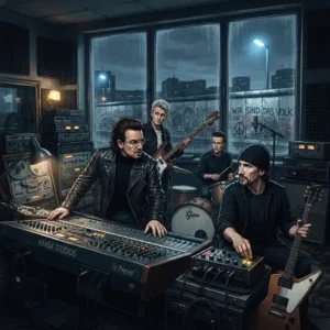 U2 grabando Achtung Baby en Berlín, rodeados de instrumentos y equipo de estudio durante su transformación musical.