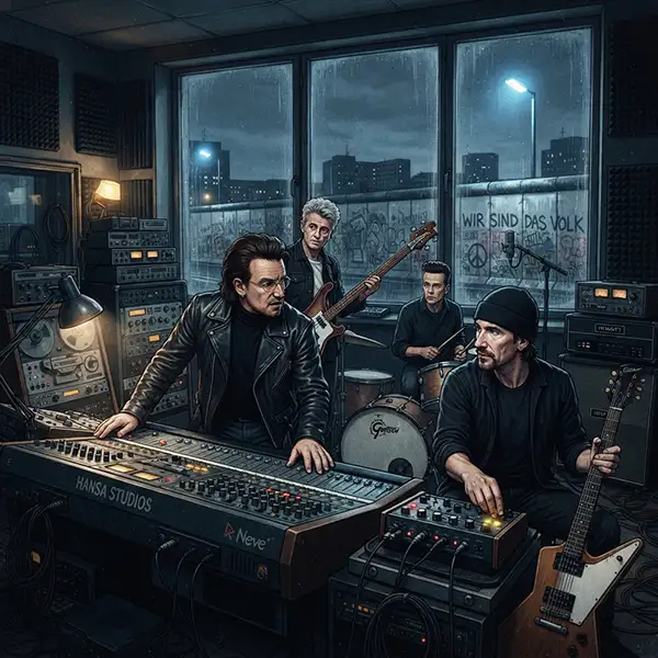 U2 grabando Achtung Baby en Berlín, rodeados de instrumentos y equipo de estudio durante su transformación musical.
