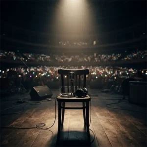Escenario de concierto vacío con un micrófono iluminado que simboliza la relación entre el éxito artístico y la salud mental.