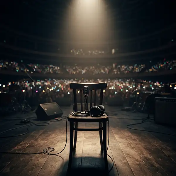 Escenario de concierto vacío con un micrófono iluminado que simboliza la relación entre el éxito artístico y la salud mental.