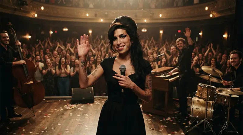 Artista inspirada en Amy Winehouse despidiéndose del público tras una emotiva presentación.