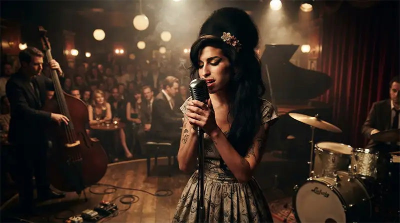 Cantante inspirada en Amy Winehouse interpretando soul en un pequeño club de jazz con músicos en vivo.
