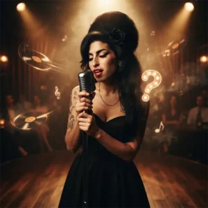 Amy Winehouse trivia Cantante inspirada en Amy Winehouse sobre un escenario con un micrófono vintage rodeada de elementos que representan una trivia sobre su carrera artística y legado musical.