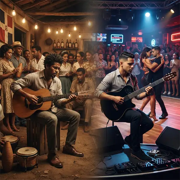 Bachata historia destacada Representación de la evolución de la bachata desde sus raíces dominicanas hasta su expansión internacional.