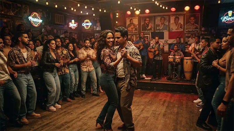 Pareja bailando bachata en un club latino durante la expansión internacional del género.