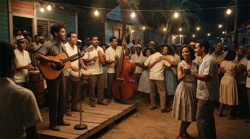 “Recreación de una reunión popular dominicana de los años sesenta donde comienza a tomar forma la bachata.”