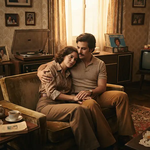 “Pareja latinoamericana escuchando una balada romántica en un ambiente de los años setenta, como metáfora de la influencia de la música en nuestra idea del amor.”