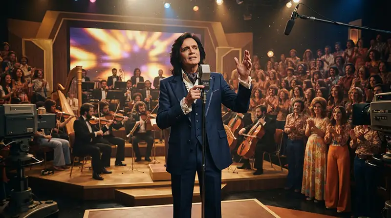 “Recreación de un cantante de balada romántica actuando con una orquesta en un programa de televisión de los años setenta.”