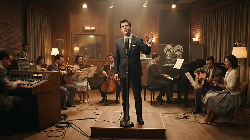 “Recreación de un estudio de radio de los años sesenta donde comienza a tomar forma la balada romántica.”