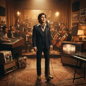 Balada Romántica Historia Trivia “Recreación de un cantante de balada romántica actuando con una orquesta durante la época dorada del género.”